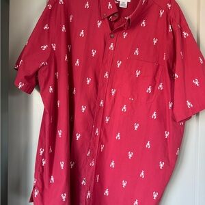 Men's Red Short-Sleeve Button-Down Shirt with White Lobster Motif